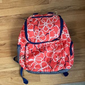 Coral and blue geometric floral backpack